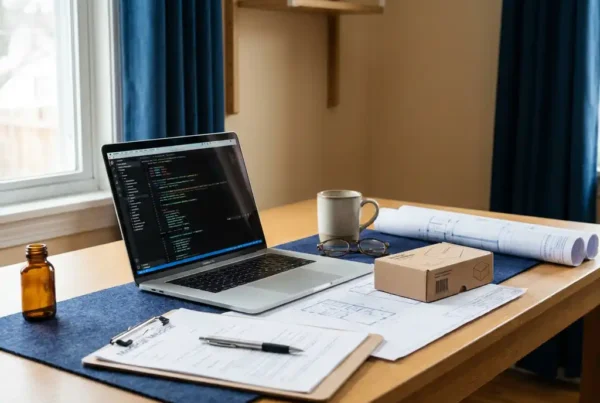 How does full stack developer recruitment differ by industry? 3 Full stack developer's laptop surrounded by a medical clipboard, architectural blueprints, and retail prototype on a neutral-toned desk.