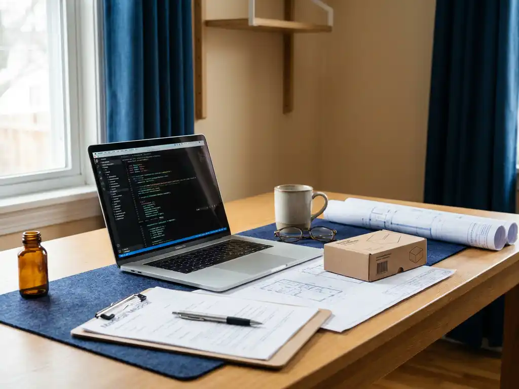 Full stack developer's laptop surrounded by a medical clipboard, architectural blueprints, and retail prototype on a neutral-toned desk.