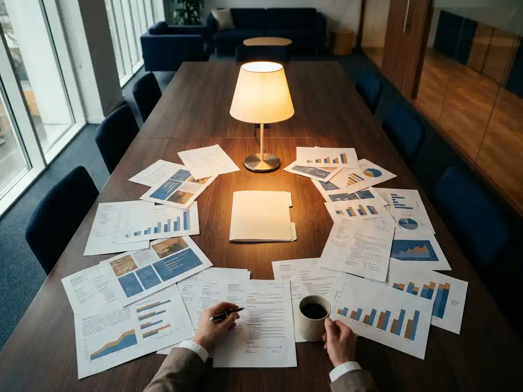 Hiring manager reviewing overlapping resumes and data printouts on a conference table, one standout folder highlighted under a desk lamp.