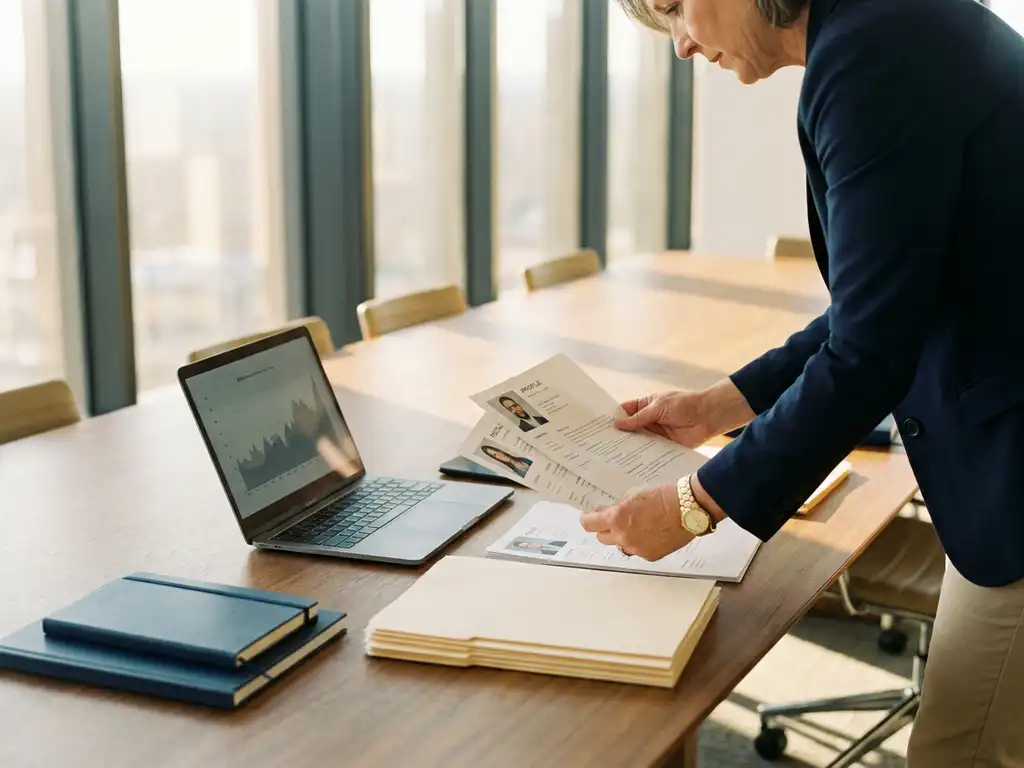 Hiring manager reviewing candidate shortlist profiles on a conference table with laptop, warm golden office light, navy and ivory tones.