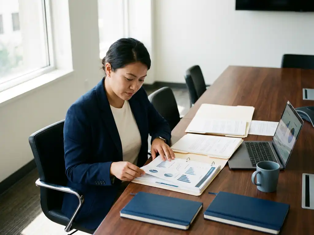 Hiring manager reviewing data visualization portfolio on conference table with open laptop displaying graphs and organized manila folders.