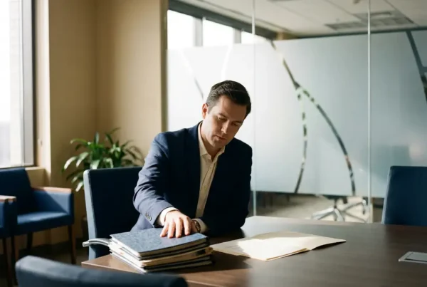 Hiring manager reviewing a standout resume separated from a stack of candidate folders on a conference table in a modern corporate office.