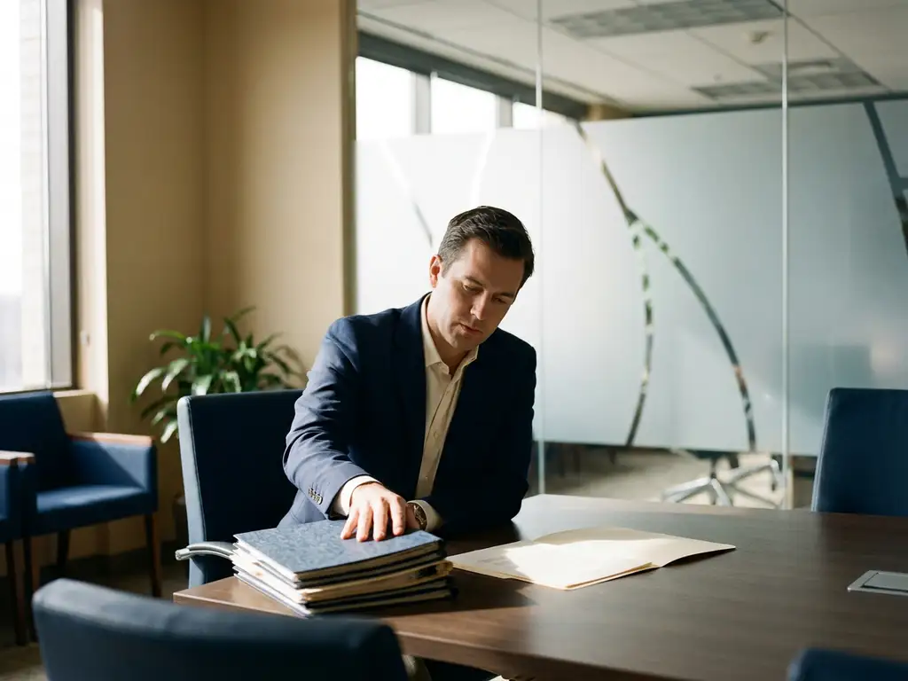 Hiring manager reviewing a standout resume separated from a stack of candidate folders on a conference table in a modern corporate office.