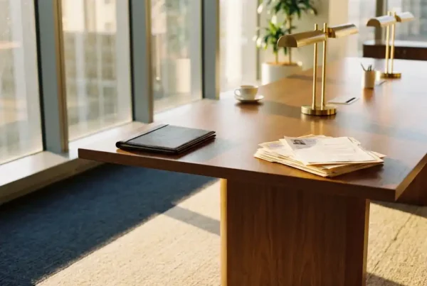 What is the difference between contingency and retained recruitment? 3 Conference table with a leather contract folder on one side and a stack of resumes on the other, bathed in warm afternoon office light.