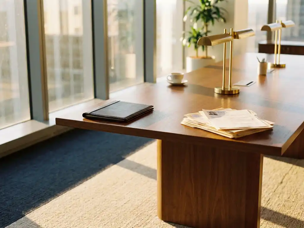 Conference table with a leather contract folder on one side and a stack of resumes on the other, bathed in warm afternoon office light.