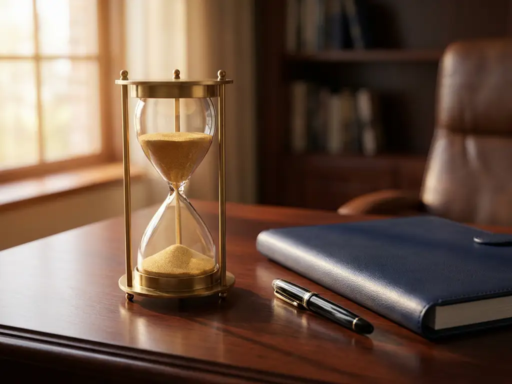 Golden hourglass on a mahogany desk beside an executive portfolio and fountain pen, warm morning light casting long shadows.