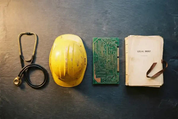 What industries rely most on specialist recruitment agencies? 3 Stethoscope, hard hat, circuit board, and legal brief arranged in a flat lay representing healthcare, construction, tech, and law industries.