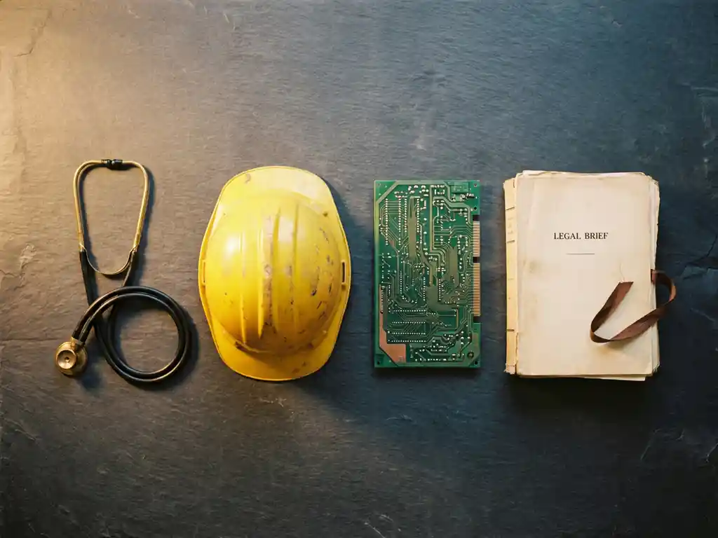 Stethoscope, hard hat, circuit board, and legal brief arranged in a flat lay representing healthcare, construction, tech, and law industries.
