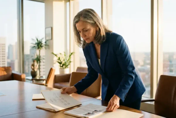 Should you build internally or source specialized talent externally? 3 HR professional comparing internal org charts and external candidate profiles in folders on a conference table, warm afternoon office light.