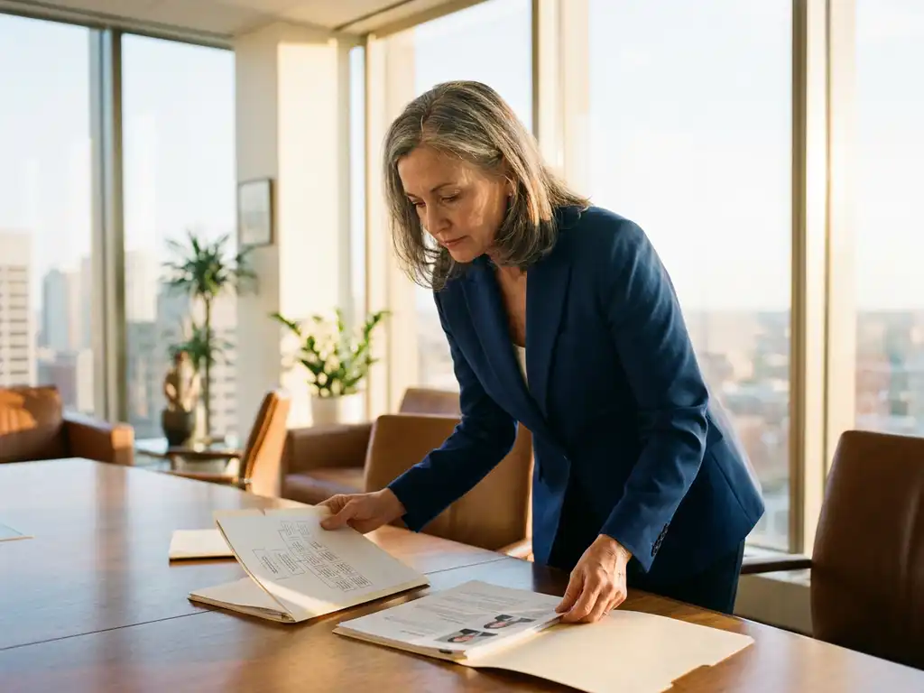 HR professional comparing internal org charts and external candidate profiles in folders on a conference table, warm afternoon office light.