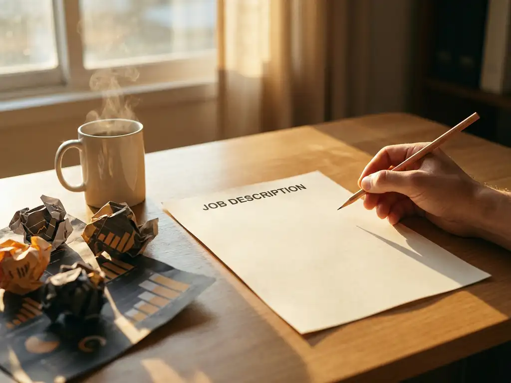 Blank job description document on a desk with data visualization printouts, coffee mug, and pencil in warm morning light.