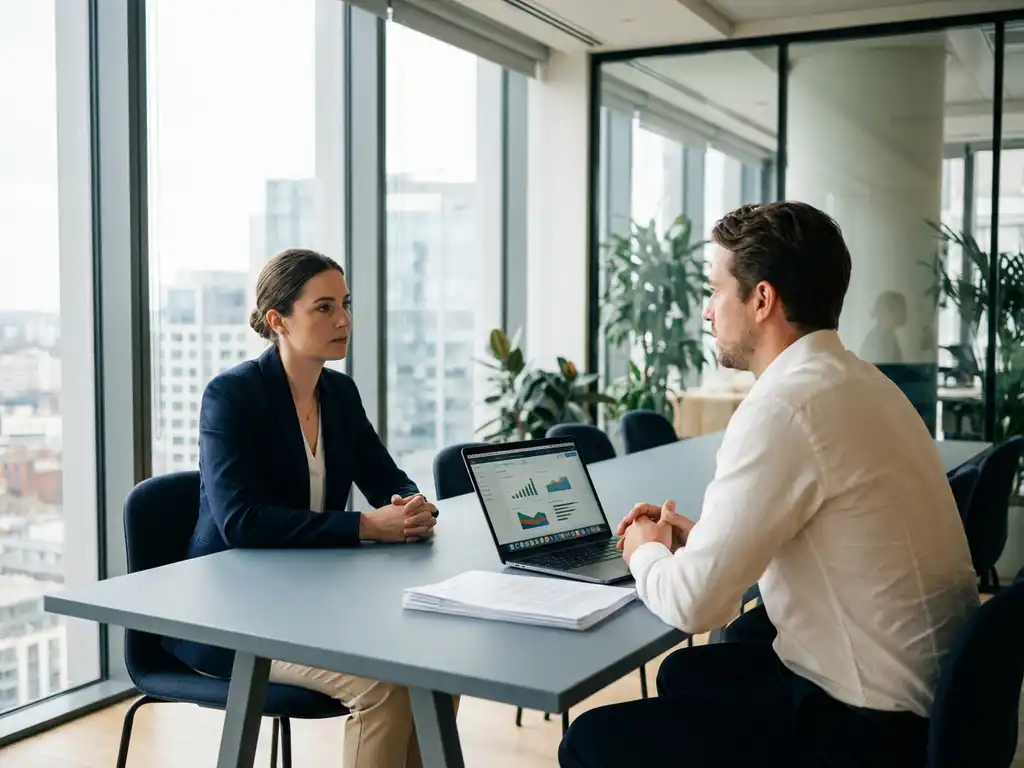 Candidate and interviewer facing each other across a conference table with an open laptop showing data visualizations and stacked résumés nearby.