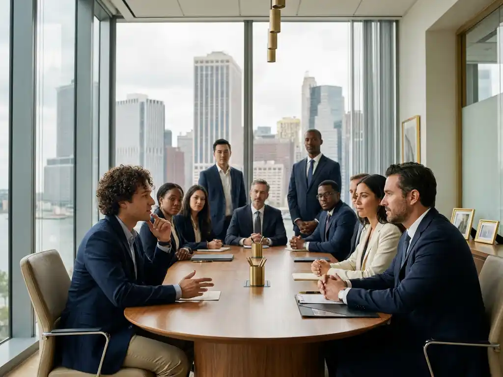 Diverse professionals in a job interview around a polished conference table, financial district skyline visible through floor-to-ceiling windows.