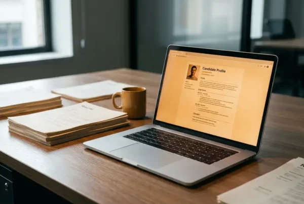 What is an AI recruitment agency and how does it work? 1 Laptop displaying a candidate profile on a recruitment desk beside stacked résumés and a ceramic coffee mug, soft directional lighting.