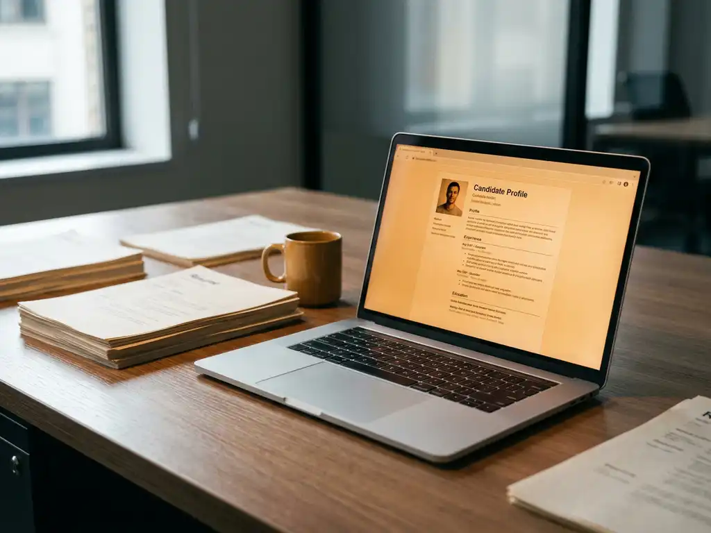Laptop displaying a candidate profile on a recruitment desk beside stacked résumés and a ceramic coffee mug, soft directional lighting.