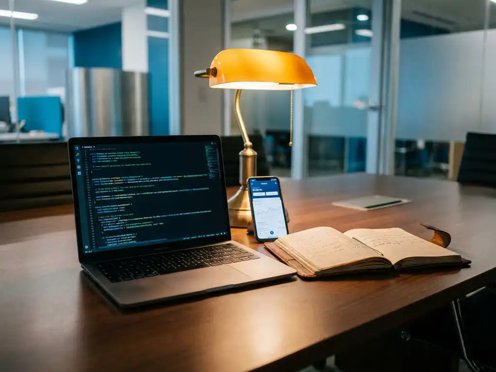 Laptop displaying financial code beside a leather ledger on a conference table, with a banking app on a smartphone bridging them.