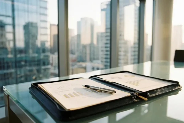 What is fintech executive search and when do companies use it? 2 Premium leather portfolio open on a glass boardroom table with a fountain pen resting on financial documents, city skyline in background.