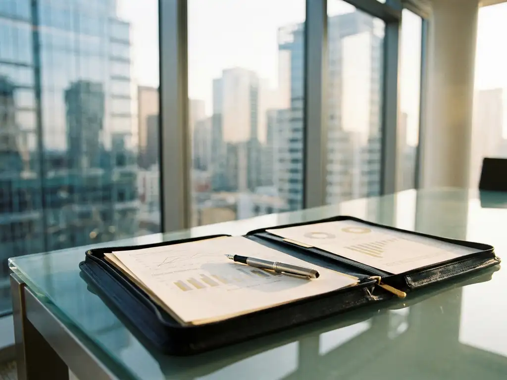 Premium leather portfolio open on a glass boardroom table with a fountain pen resting on financial documents, city skyline in background.