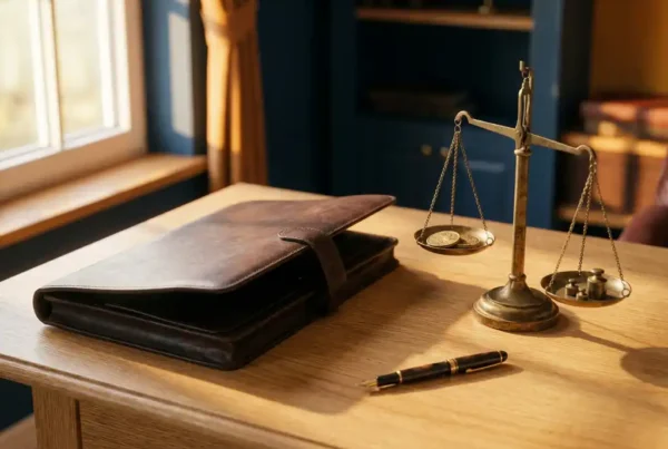 What salary should you expect on a risk management career path? 1 Open leather portfolio on oak desk beside brass scale balancing coins, professional pen nearby, warm golden light.