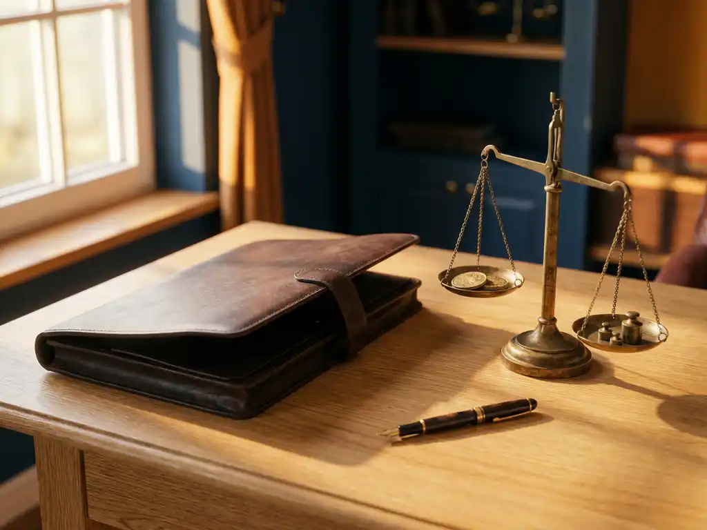Open leather portfolio on oak desk beside brass scale balancing coins, professional pen nearby, warm golden light.