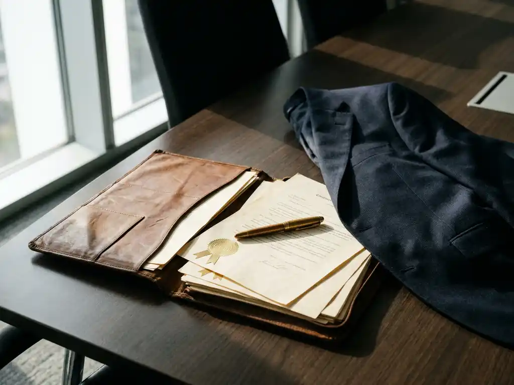 Worn leather portfolio open on a conference table with credential certificates, navy suit jacket, and gold pen in warm directional light.