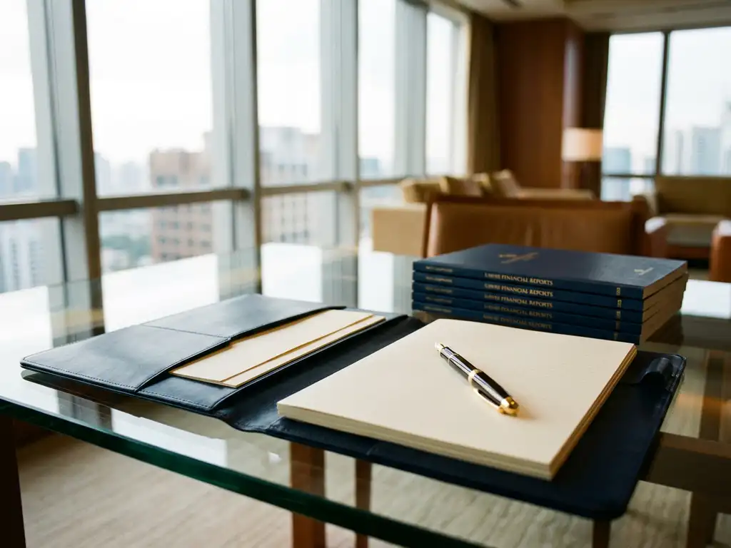 Open leather portfolio and stacked financial reports on a glass desk, gold fountain pen resting across pages in warm morning office light.