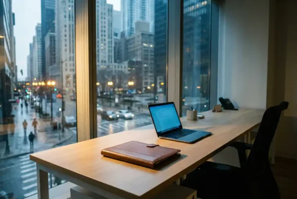 Polished resume folder on a sparse modern office desk beside a glowing laptop, city skyline visible through large windows.