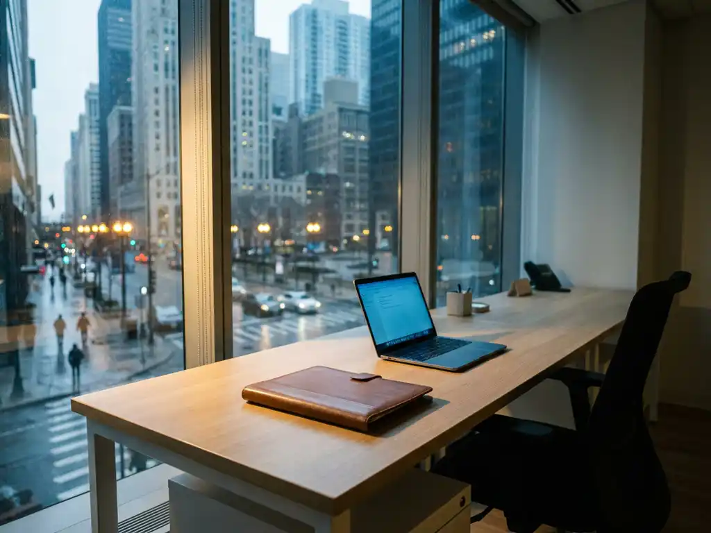 Polished resume folder on a sparse modern office desk beside a glowing laptop, city skyline visible through large windows.
