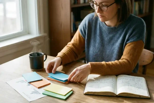 Professional organizing color-coded index cards and printed charts on a wooden desk with handwritten statistical notes and a steaming coffee mug in morning light.