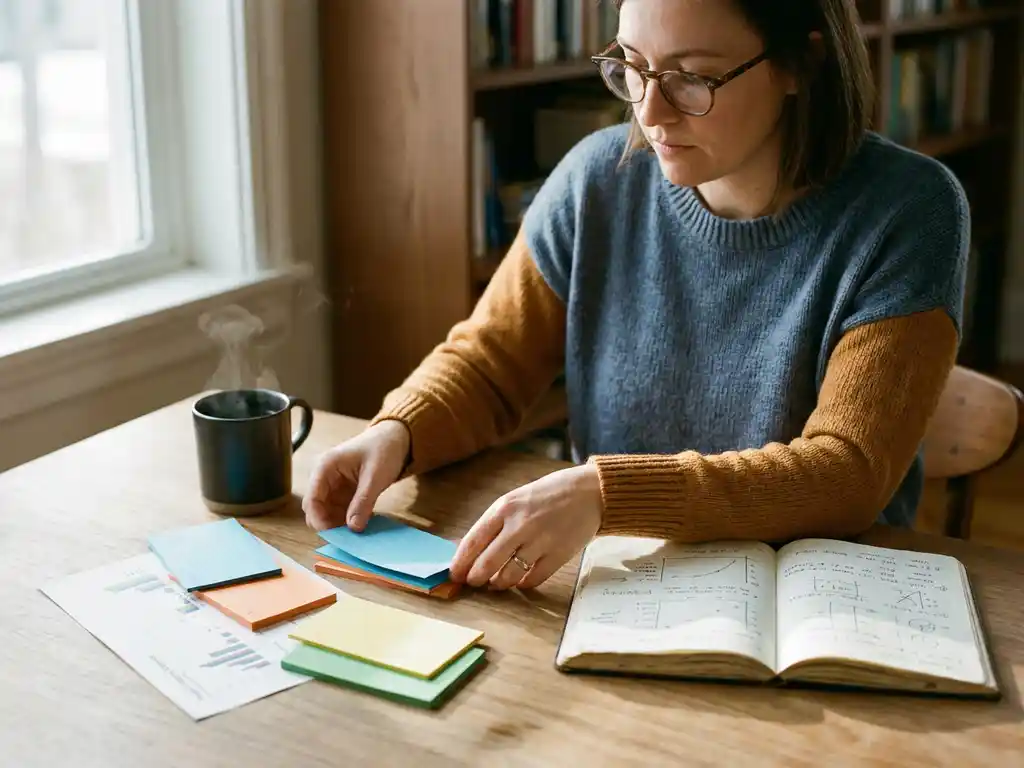 Professional organizing color-coded index cards and printed charts on a wooden desk with handwritten statistical notes and a steaming coffee mug in morning light.