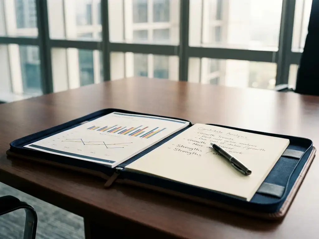 Open portfolio with data visualizations and handwritten notes on a polished interview table, pen resting across the page, soft natural light from office windows.