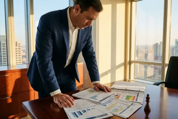 Analyst in formal attire reviewing portfolio reports and a financial risk matrix on a mahogany desk, with a chess king piece beside the documents.