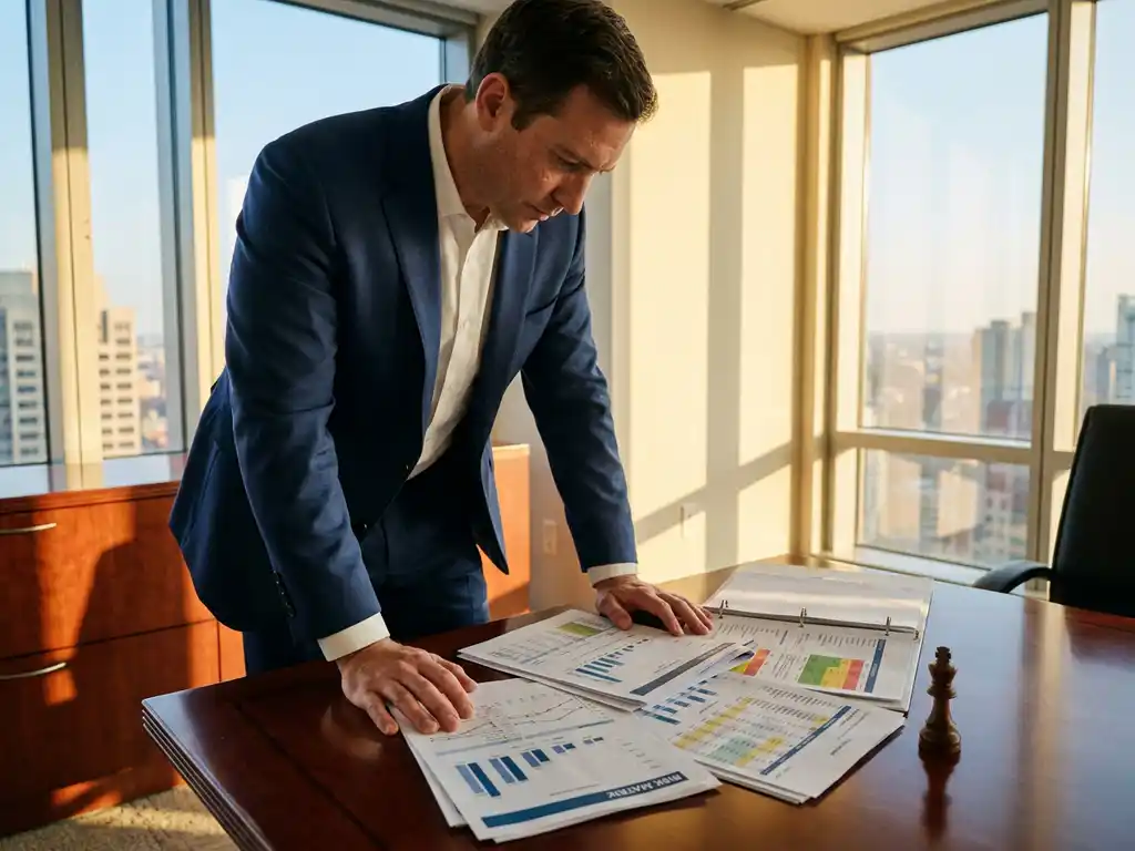 Analyst in formal attire reviewing portfolio reports and a financial risk matrix on a mahogany desk, with a chess king piece beside the documents.