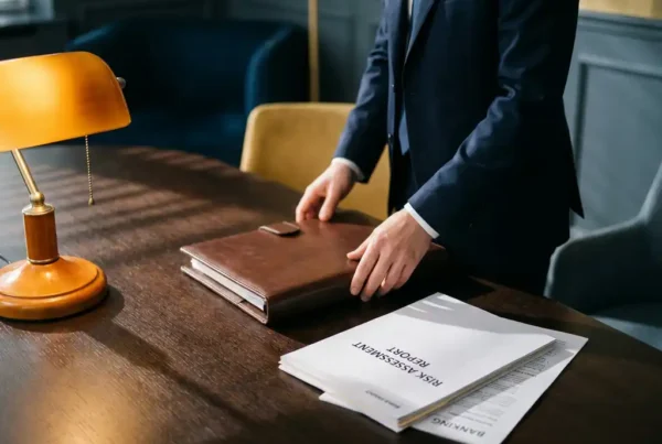 How do you transition into a risk management career path from banking? 1 Professional closing a leather portfolio over banking documents and a risk assessment report on a polished conference table, lit by warm amber lamp.