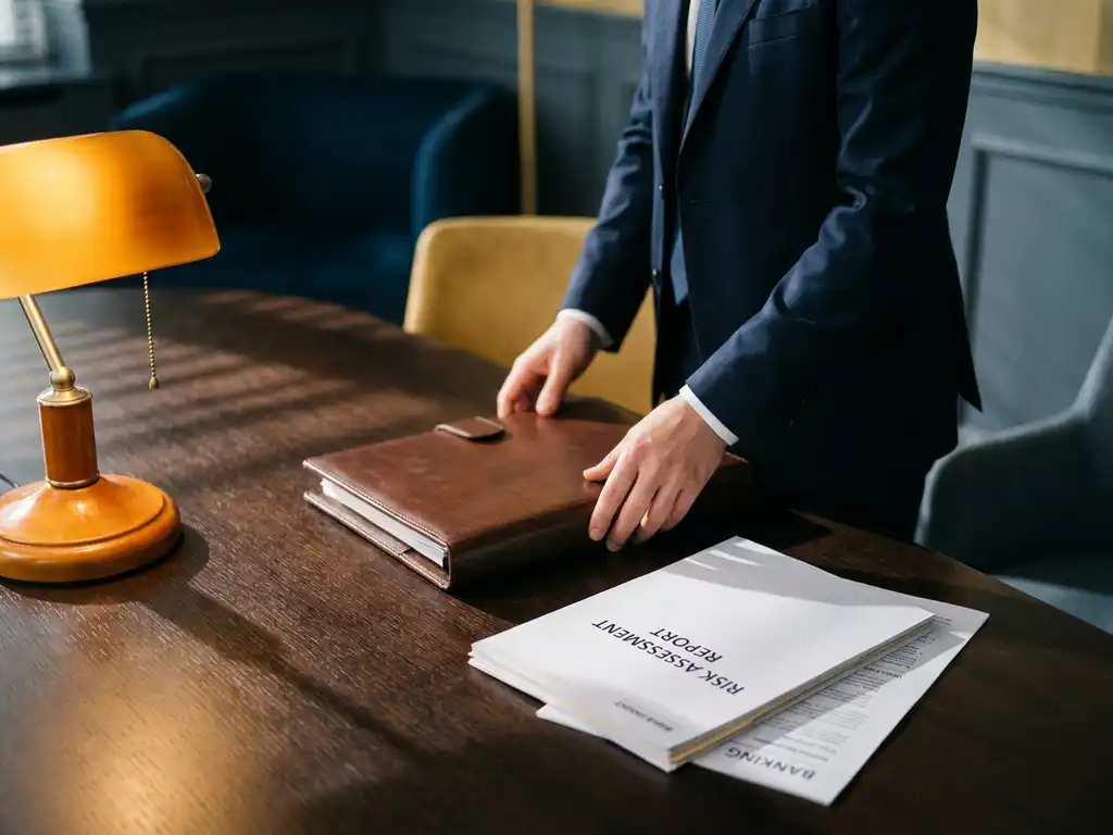 Professional closing a leather portfolio over banking documents and a risk assessment report on a polished conference table, lit by warm amber lamp.