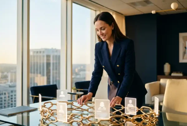 HR professional in a blazer reviewing a glowing network of candidate profiles on a glass desk in a modern recruitment office.