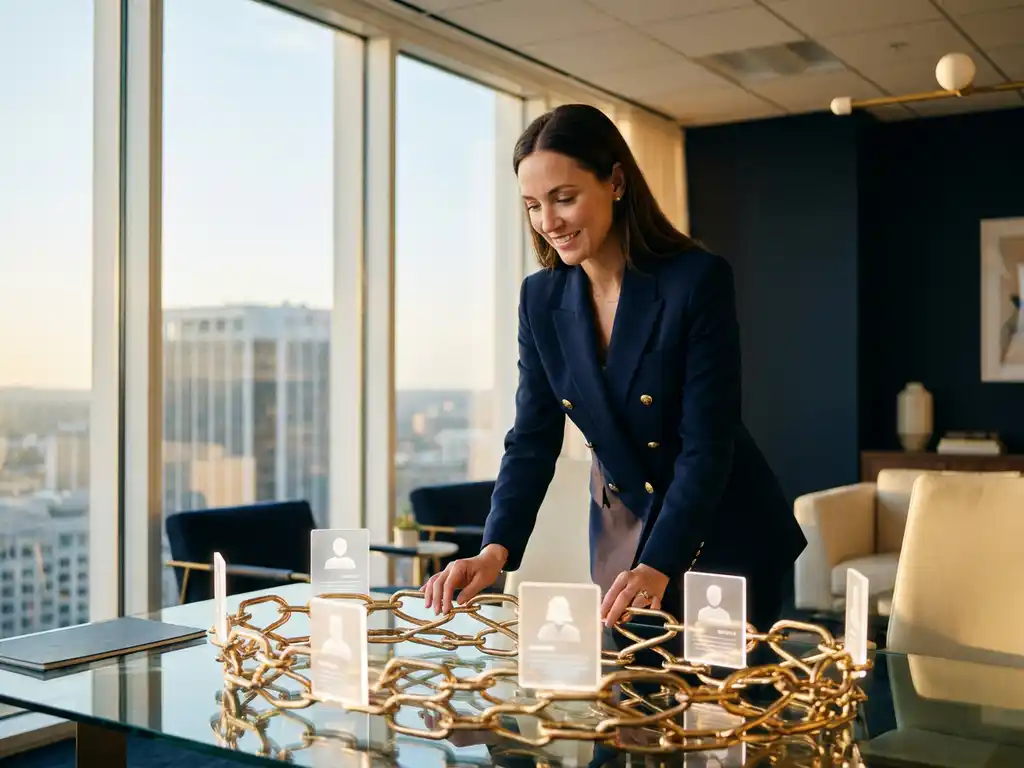HR professional in a blazer reviewing a glowing network of candidate profiles on a glass desk in a modern recruitment office.