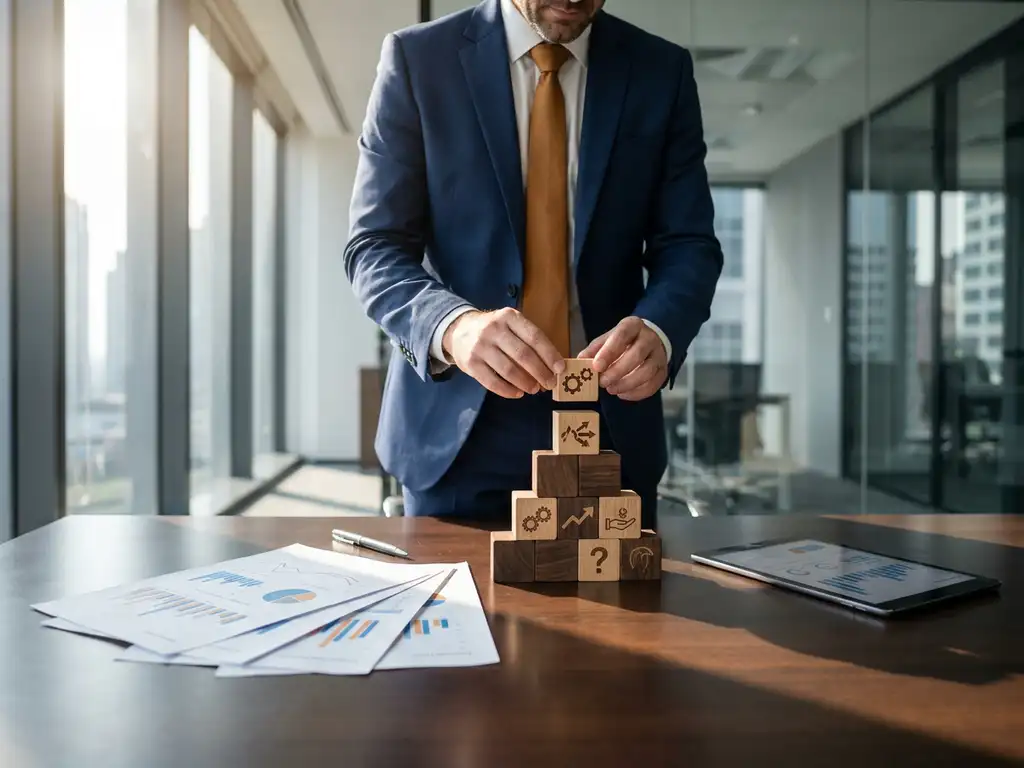 Professional arranging a pyramid of wooden risk assessment blocks on a conference table with analytical charts nearby, natural light, modern office.