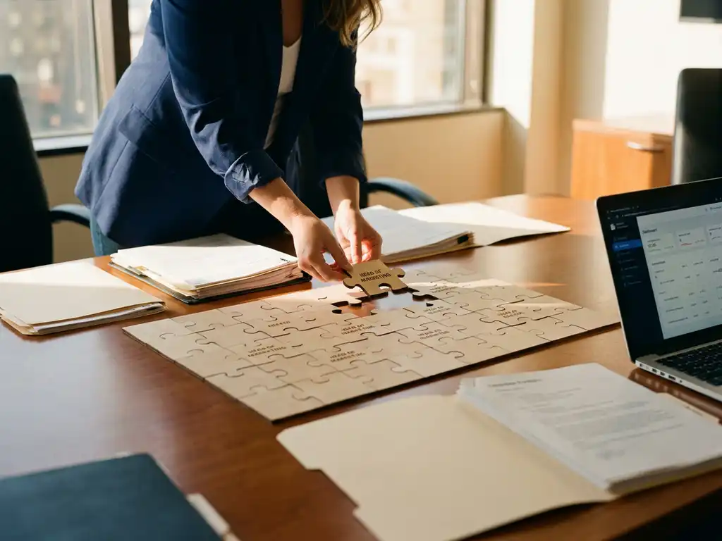 Recruiter placing the final piece into a team org-chart on a conference table, surrounded by candidate portfolios and a laptop, warm office light.