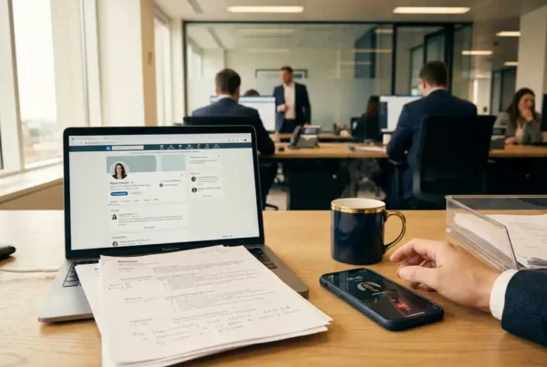 Recruiter's desk with scattered résumés, laptop showing a professional profile, and a smartphone beside a steaming coffee cup in a modern financial office.