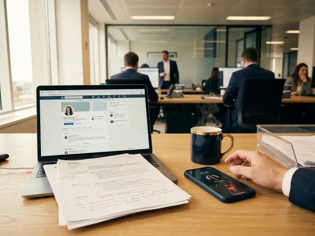 Recruiter's desk with scattered résumés, laptop showing a professional profile, and a smartphone beside a steaming coffee cup in a modern financial office.