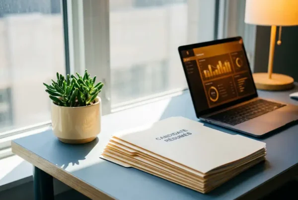 What is an AI recruitment agency and how does it work? 2 Modern recruiter's desk with stacked résumés, glowing talent dashboard laptop, and green plant in warm natural window light.