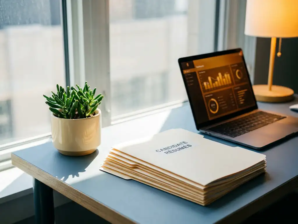 Modern recruiter's desk with stacked résumés, glowing talent dashboard laptop, and green plant in warm natural window light.