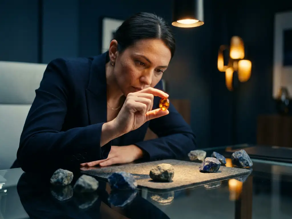 Recruiter examining a glowing gemstone over a glass desk surrounded by rough uncut stones, symbolizing rare talent discovery.