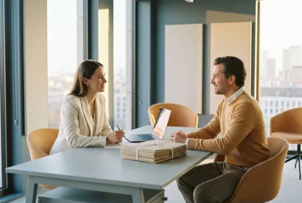 Recruiter and software engineer meeting at a modern desk with an open laptop and candidate portfolios in a sunlit urban office.