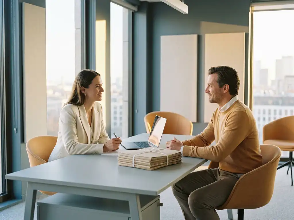 Recruiter and software engineer meeting at a modern desk with an open laptop and candidate portfolios in a sunlit urban office.