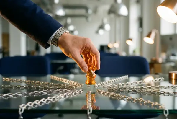 Recruiter placing a glowing amber chess piece on a glass desk with metallic chain links, blurred open-plan office in the background.