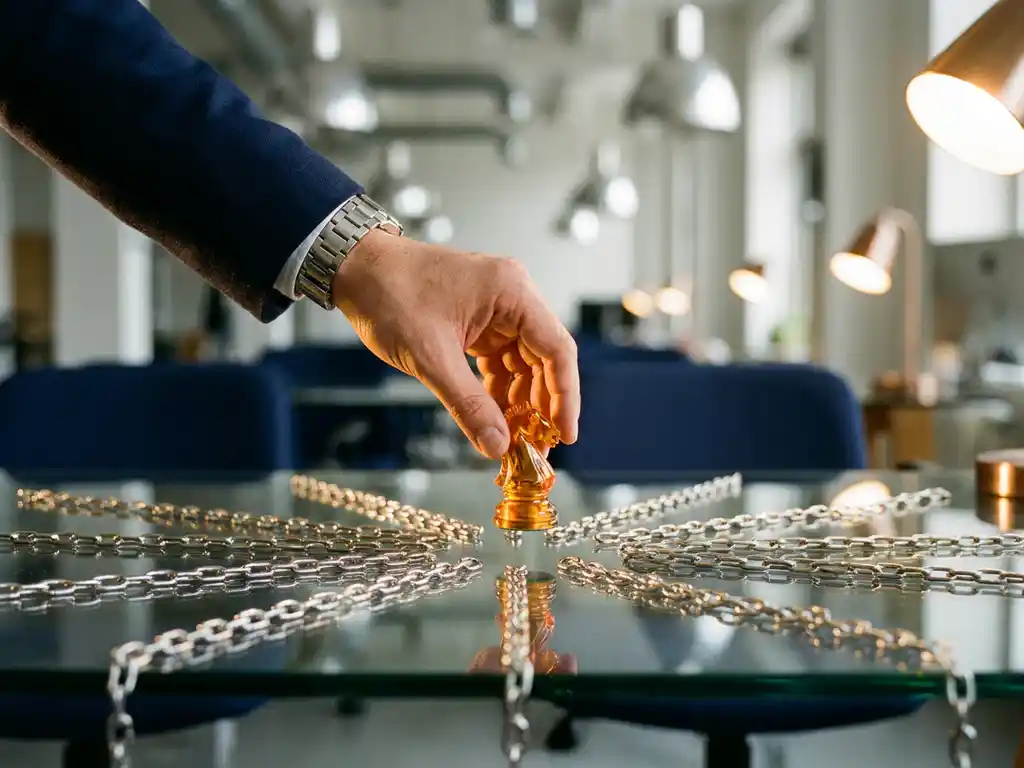 Recruiter placing a glowing amber chess piece on a glass desk with metallic chain links, blurred open-plan office in the background.