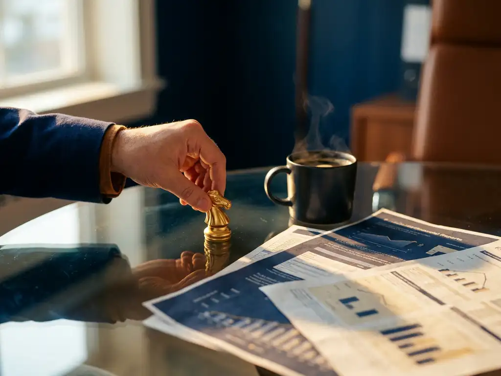 Recruiter's hand placing a gold chess piece on a glass desk beside financial documents and a steaming coffee cup.