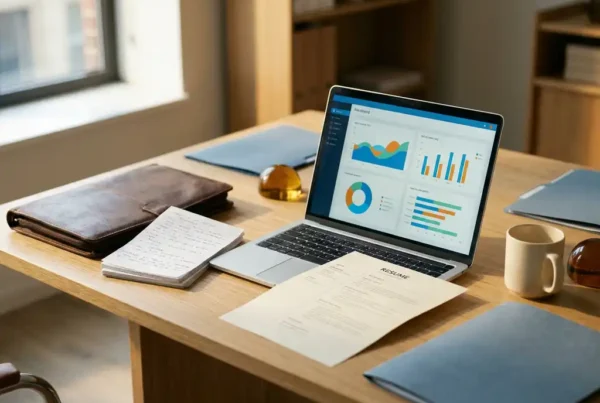 Leather portfolio and handwritten candidate notes beside an open laptop displaying recruitment data visualizations, with a resume tucked under the keyboard.